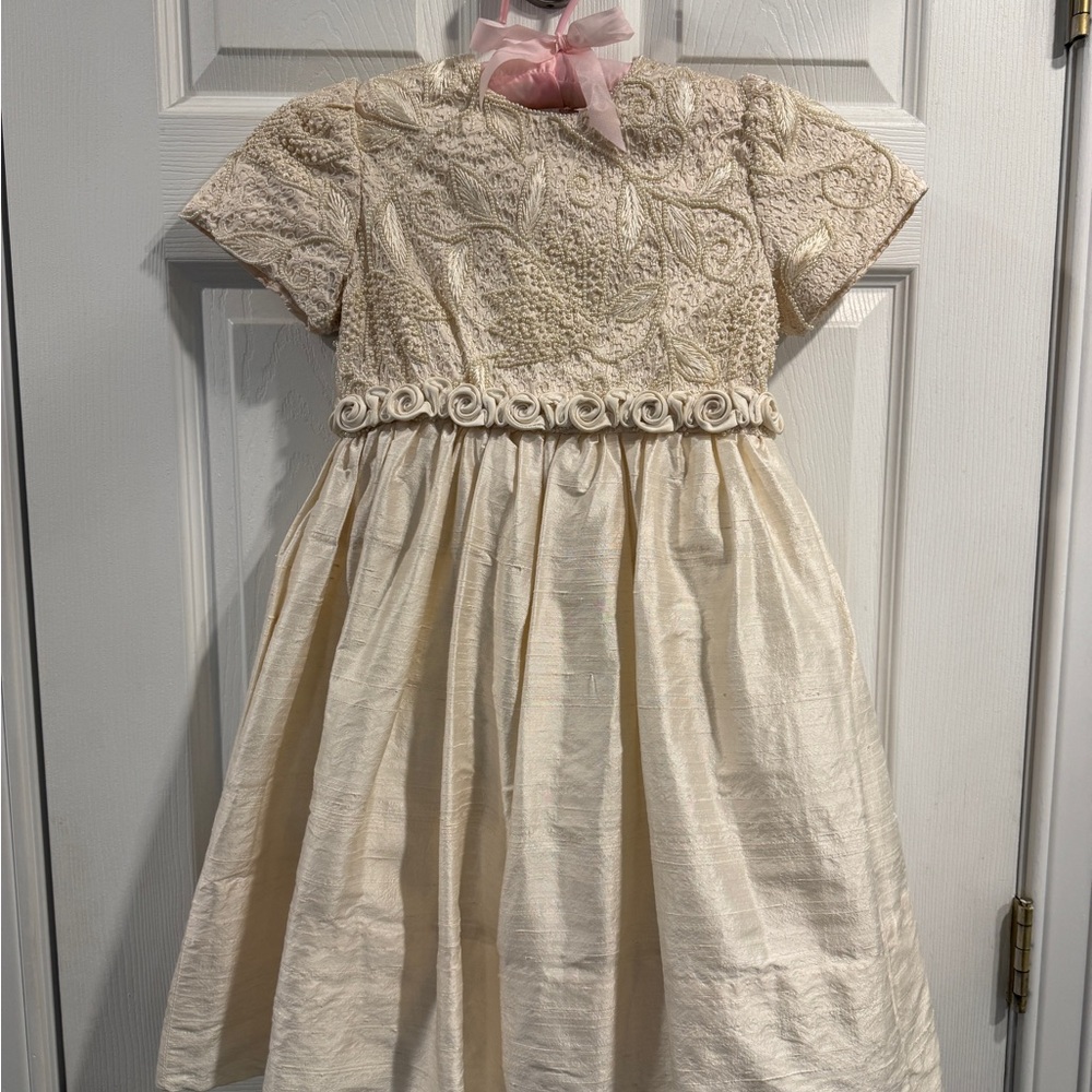 Charming Moire Silk Ivory Flower Girl Dress with Beading